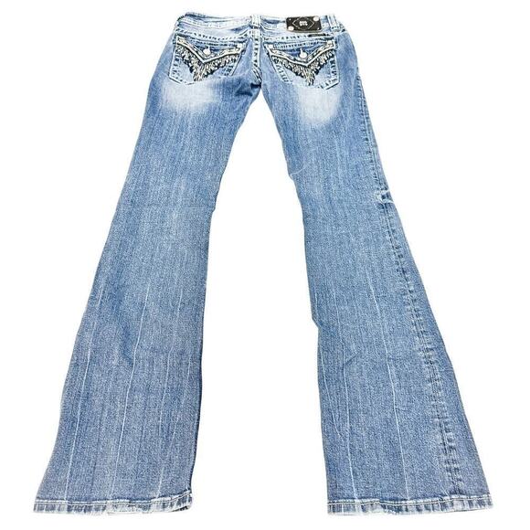Miss Me Western Boot Cut Denim Jeans Feather Embellished Detail Size 28 - Picture 3 of 9